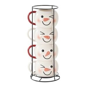 Snowman Stacking Ceramic Mug Set of 4 - 12 Ounce Coffee Cups with Holiday Design